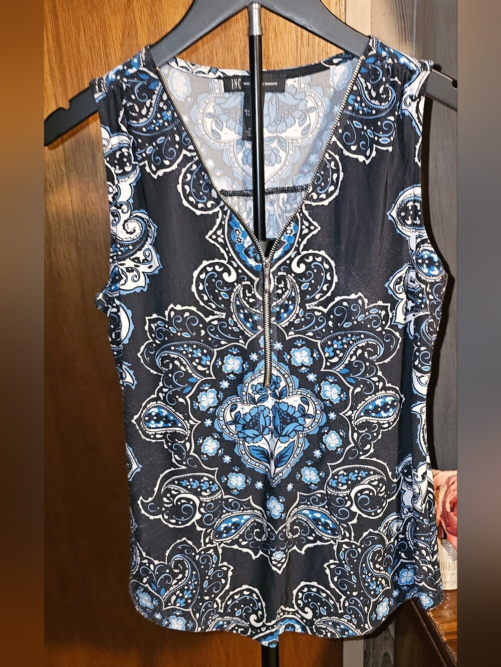 INC International Concepts Black and Blue Paisley Zip-Front Sleeveless Tank
